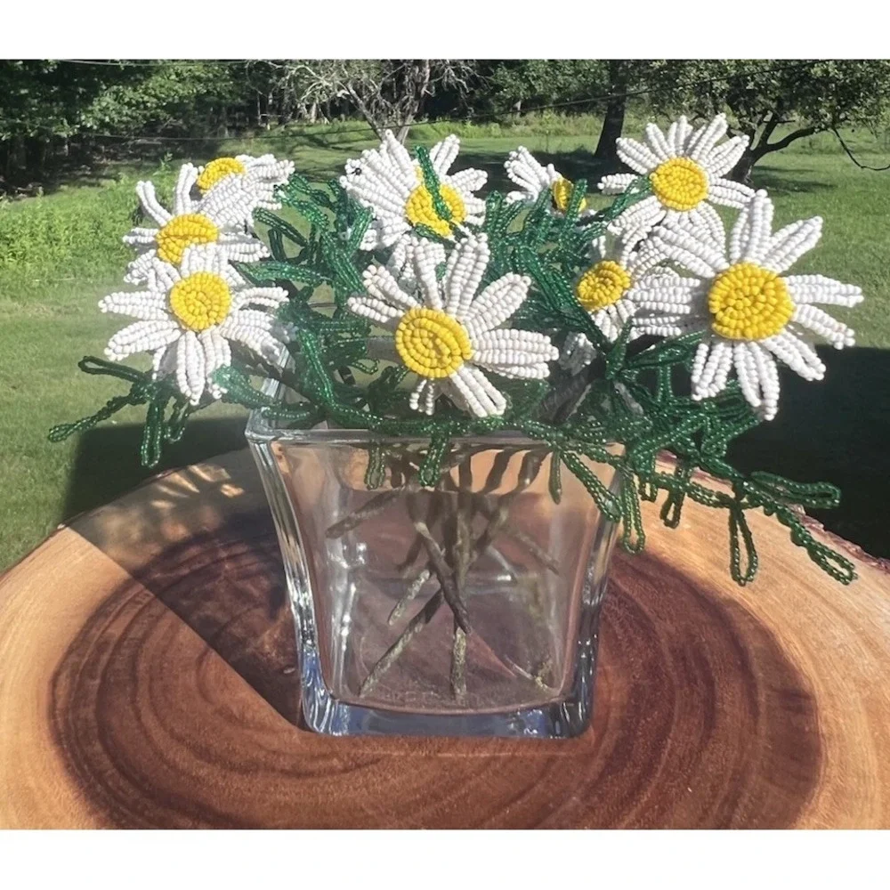 Vintage French Beaded Daisy Flowers 10 Stems Seed Bead Handmade Floral Decor
